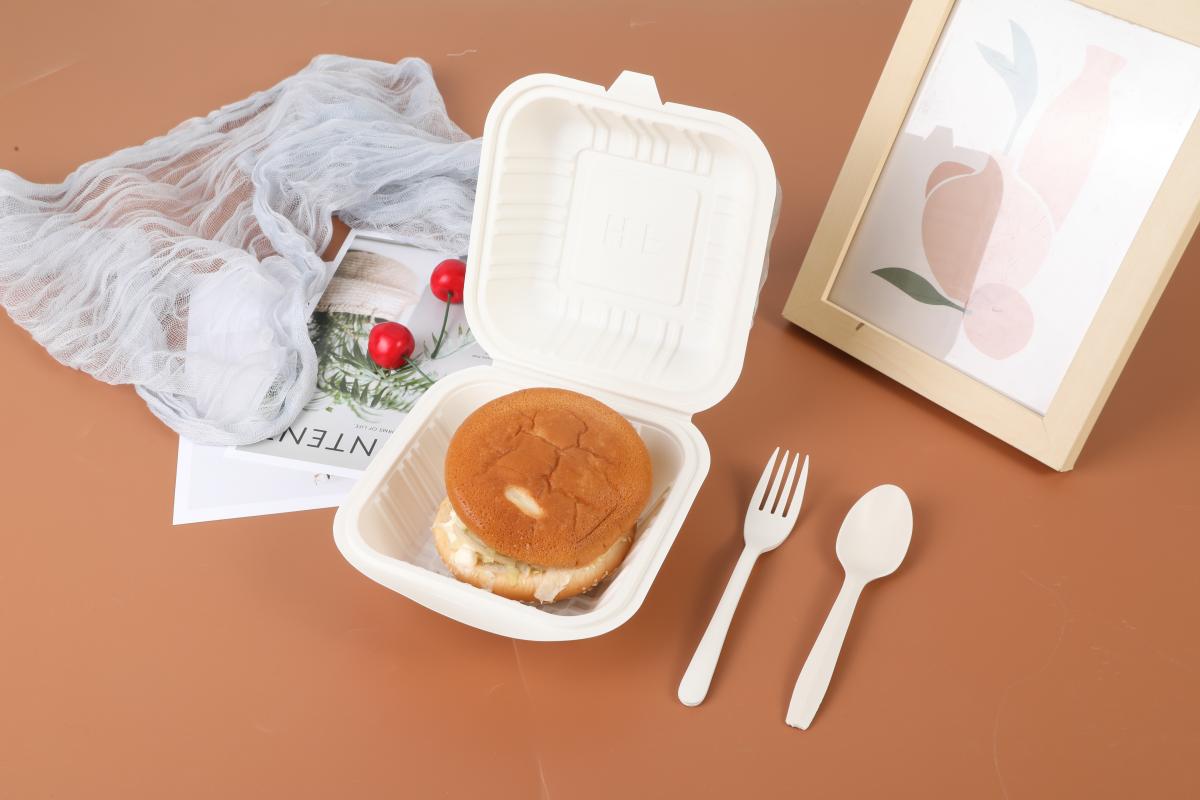 A large hamburger is placed in a corn starch disposable lunch box, demonstrating the use of disposable lunch boxes